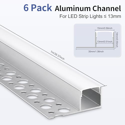 Plaster-in LED Aluminum Channel, 3.3FT/1M 6 Pack LED Light Strip Diffuser Channel with Milky Diffuser, Trimless Recessed Single-Sided Drywall Aluminum LED Profile for Ceiling and Wall - size: Single-Sided-6 Pack