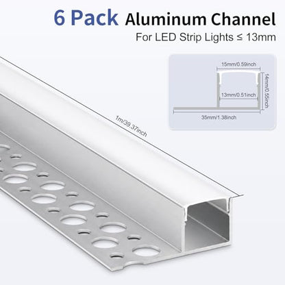 Plaster-in LED Aluminum Channel, 3.3FT/1M 6 Pack LED Light Strip Diffuser Channel with Milky Diffuser, Trimless Recessed Single-Sided Drywall Aluminum LED Profile for Ceiling and Wall - size: Single-Sided-6 Pack