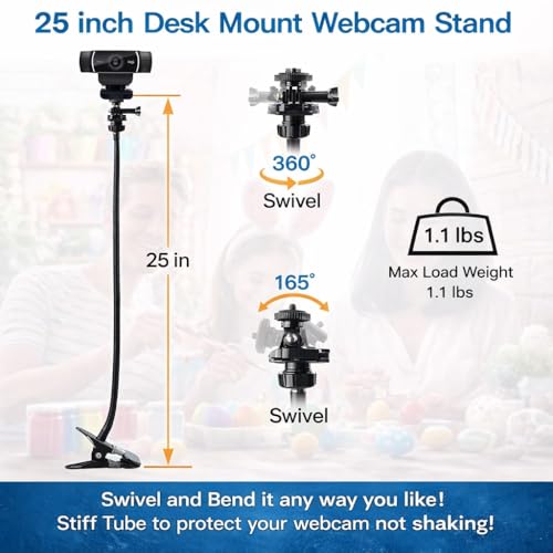 Universal 25 Inch Webcam Stand, Flexible Desk Mount Clamp Gooseneck Stand for Webcam, Camera, Microphone with 1/4" Tread