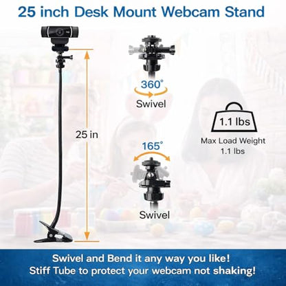 Universal 25 Inch Webcam Stand, Flexible Desk Mount Clamp Gooseneck Stand for Webcam, Camera, Microphone with 1/4" Tread
