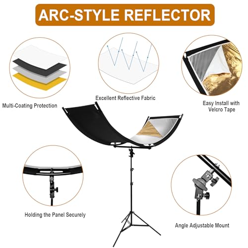 Clamshell Light Reflector Diffuser with Stand and Carrying Bag, 70"x24"/180x60cm Arclight Curved Lighting Reflector for Photo Studio Photography with White/Gold/Silver/Black Colors by MCCKLE