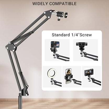 Floor Overhead Phone Mount, Phone Tripod Stand for Video Recording, Arm Holder Compatible with iPhone Camera with 1/4”Screw for Filming, Food Photograhy, Live Content Creation