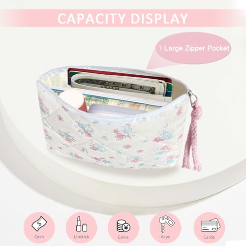 Cotton Quilted Floral Coin Purse Digital Camera Pouch with Cute Prints Zipper for Women Girls (BLUE PINK) - color: BLUE PINK