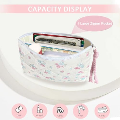 Cotton Quilted Floral Coin Purse Digital Camera Pouch with Cute Prints Zipper for Women Girls (BLUE PINK) - color: BLUE PINK