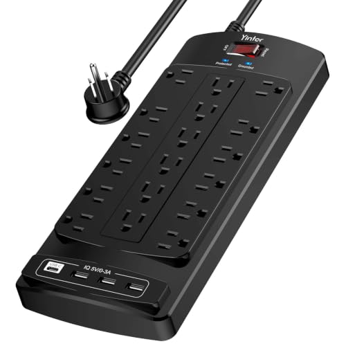 Surge Protector Power Strip, Yintar 6 Feet Flat Plug Heavy Duty Extension Cord with 18 Widely Outlets and 4 USB Ports, 2100 Joules, ETL Listed, Black - color: Black(18 Outlets), size: 6 Ft