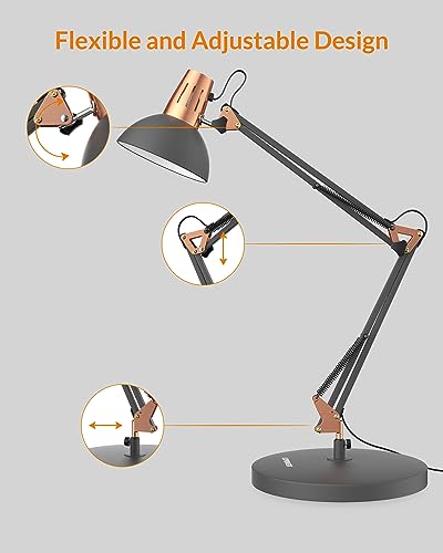 LEPOWER Metal Desk Lamp, Adjustable Goose Neck Architect Table Lamp with On/Off Switch, Swing Arm Desk Lamp with Clamp, Eye-Caring Reading Lamp for Bedroom, Study Room &Office (Sandy Black) - color: Sand Black