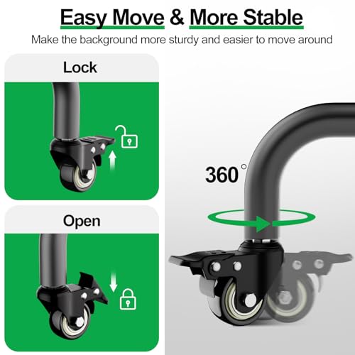 7x10ft Green Screen Backdrop Kit with Stand, 9.5x9.5ft Large Greenscreen Background Movable Backdrop Stand with Wheels for Streaming, Photography, Video Recording