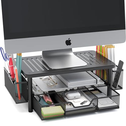 eVoomi FlowMax Ergonomic Desk organizer Computer Monitor Stand -Improved XL Desk Drawer, File Paper Pencil Holders - Pro Posture Eye-Level Tension Relief - Anti-Slip Home Office Supplies Storage Stand for Laptop Monitor or Printer