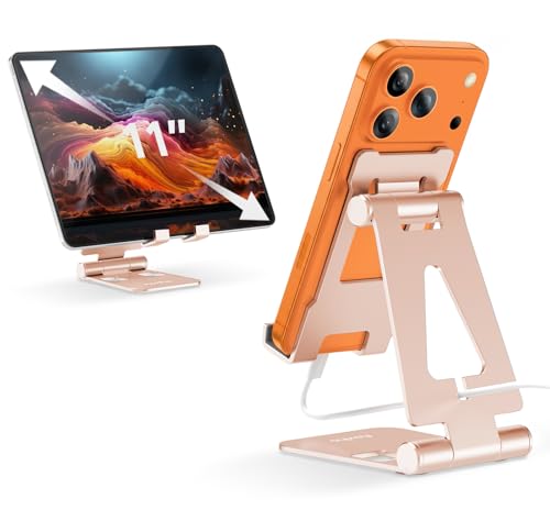 Aoviho Cell Phone Stand for Desk, Adjustable Desktop Phone Holder Stand, Foldable Moblie Phone Dock for iPhone 17 16 15 14 13 Pro Xs Max Xr X 8 7 6 5 5s SE Nintendo Switch All Phones,Rose Gold - color: Rose Gold