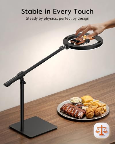 LUXSURE Ring Light with Stand for Desk,Adjustable Overhead Phone Mount with 10" Selfie Light Phone Tripod with Ring Light and Remote, Phone Stand with Light for Video Recording,Live Stream,Cooking