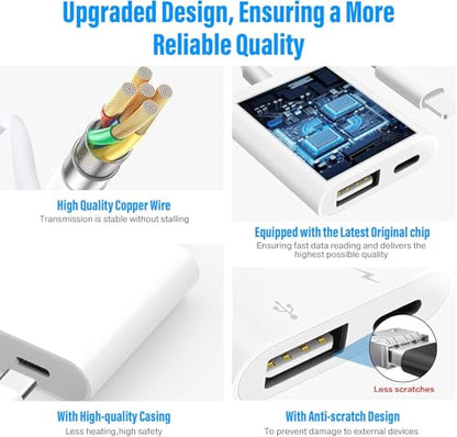 Lightning to USB Camera Adapter for iPhone, USB3 Female OTG Adapter with Charging Port, Plug and Play, Support Card Reader, USB Flash Drives, Keyboard [Apple MFi Certified]