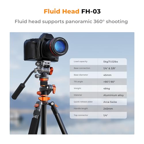K&F CONCEPT 90''/230cm Overhead Camera Tripod, Horizontal Shooting Video Tripods with Fluid Head Heavy Duty, Detachable Monopod, for Indoor and Outdoor Use T254A7+FH-03 - size: T254A7+FH-03