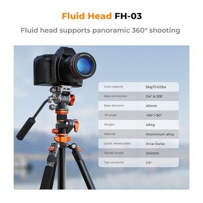 K&F CONCEPT 90''/230cm Overhead Camera Tripod, Horizontal Shooting Video Tripods with Fluid Head Heavy Duty, Detachable Monopod, for Indoor and Outdoor Use T254A7+FH-03 - size: T254A7+FH-03