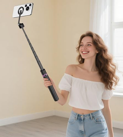 TONEOF 68" Magnetic Selfie Stick Tripod with Aluminum Strong Magnetic Holder for Magsafe, 360° Rotatable Travel Phone Tripod Stand with Metal Ring & Rechargeable Remote for iPhone/Android（Black） - color: Black