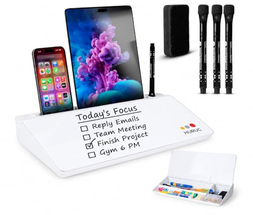 HURUC Small Glass Desktop Whiteboard with Storage,15.3"x7.08"x2.16" inch Desk White Board with Markers & Duster, Desktop Dry Erase Board, Desk Buddy Organizer for Home, Office, School (White) - color: White