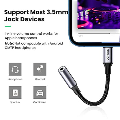 UGREEN Headphone Adapter for iPhone Lightning to 3.5mm Adapter Apple MFi Certified Lightning Aux Audio Jack Dongle Compatible with iPhone 14 Pro Max/14 Plus/13 12 11 Pro Max/SE/XS, Grey - color: Grey