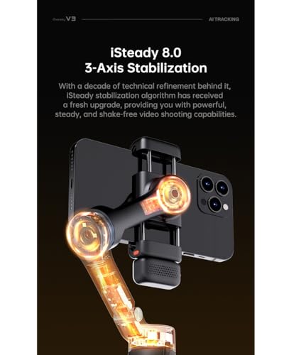 hohem Gimbal Stabilizer for Smartphone iSteady V3,Portable Phone Stabilizers with Al Tracker Detachable Remote Control Built-in Extension Rod/Tripod 3-Axis Stabilization 3-Color Fill Light - color: Black