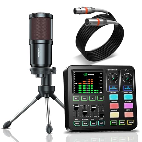 PUPGSIS Podcast Equipment Bundle, Audio Mixer with XLR Dynamic Microphone, Pro-preamp, Bluetooth 5.3, All-in-One Gaming Equipment Set for Podcast Recording, Live Streaming, Video Vocals, PC, Phone, DJ - color: Matte Black