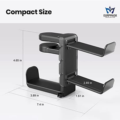 3-in-1 PC Gaming Headset&Controller Holder - EURPMASK Headphone Stand w/Adjustable Clamp&2 Controller Holder&Rotating Arm&Cable Organizer, Universal PC Gaming Accessory Controller Headset Stand-Black - color: Black