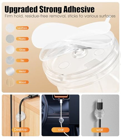 8 Pack Cord Organizer, Ω-Shaped Rotatable Cable Clips, Strong Adhesive Cable Management with Nails, Cord Holder for Nightstand, Desk, and Wall (Clear)