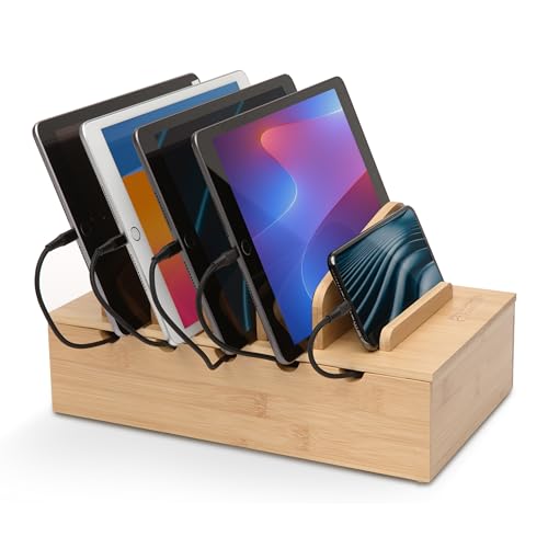 Prosumer's Choice Wooden Charging Station Organizer - 5-Port Base for Phones, Tablets and Laptops - Multi-Device Docking Station with Removable Divider Slots - Cord Box with Cable Management - Bamboo - color: Natural Bamboo, style: Original Design