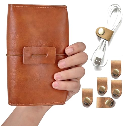 Vintage leather Electronic organizer travel case,cord keeper travel pounch, charger shortage for essentials mouse, adapter, cables,Cable Straps,Earbud case,wrap (Brown leather with band & Organizer) - color: Brown leather with band & Organizer