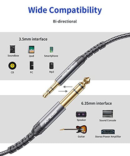 3.5mm to 6.35mm Stereo Audio Cable, JSAUX 6.35mm 1/4" Male to 3.5mm 1/8" Male TRS Bidirectional Stereo Audio Cable Jack 10FT for Guitar, iPod, Laptop, Home Theater Devices, Speaker and Amplifiers-Grey - color: Grey, size: 10ft