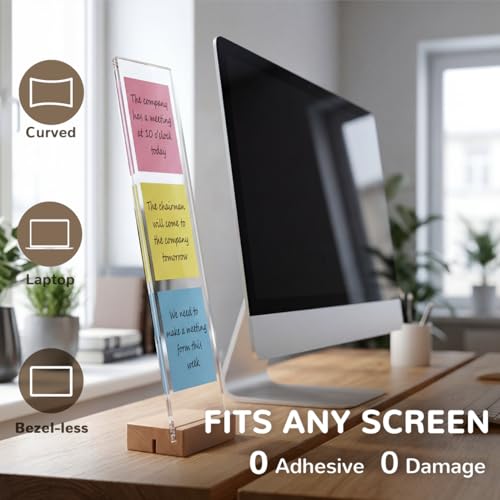 2-Pack Monitor Memo Board & Sticky Note Holder, Freestanding Acrylic Computer Desk Accessories with Wood Base, Zero Adhesive Screen Note Board for Office Organization Decor