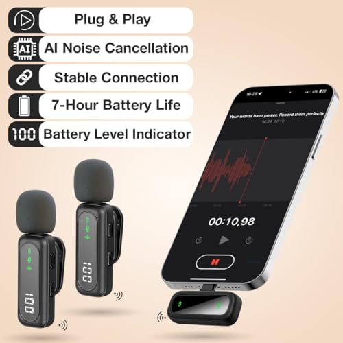 Wireless Lavalier Microphone for iPhone & Android, 2 Pack Mini Mic with USB-C/Lightning/USB-A Receiver, Plug & Play No Bluetooth, AI Noise Cancelling Lapel Mic for TikTok YouTube Vlog Podcast - style: Wireless USB C