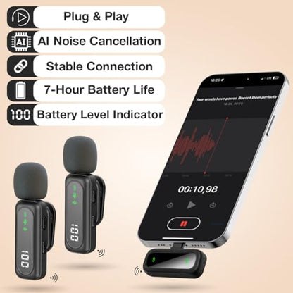 Wireless Lavalier Microphone for iPhone & Android, 2 Pack Mini Mic with USB-C/Lightning/USB-A Receiver, Plug & Play No Bluetooth, AI Noise Cancelling Lapel Mic for TikTok YouTube Vlog Podcast - style: Wireless USB C