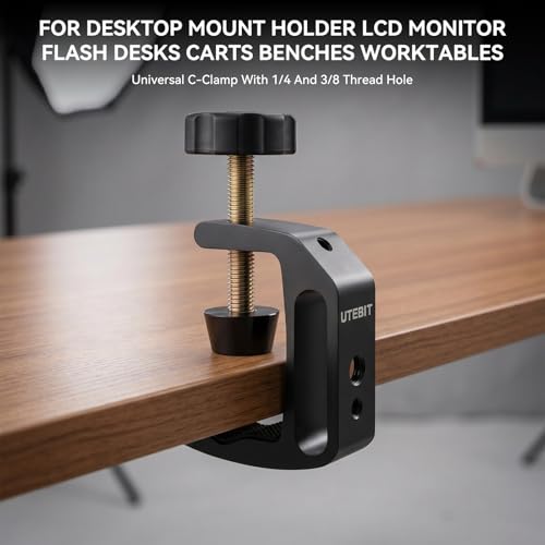 UTEBIT Universal C-Clamp for Desktop Mount Holder, with 1/4" & 3/8" Thread | 3.7"-5.7" Desk C-Clamp Aluminum Support Clamp for Desktop Mount Carts Benches Worktables, Black - size: 3.7-5.7 inch