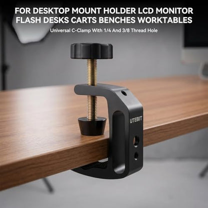 UTEBIT Universal C-Clamp for Desktop Mount Holder, with 1/4" & 3/8" Thread | 3.7"-5.7" Desk C-Clamp Aluminum Support Clamp for Desktop Mount Carts Benches Worktables, Black - size: 3.7-5.7 inch