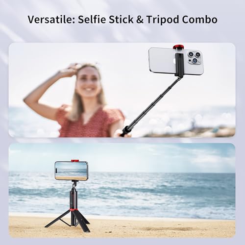 ATUMTEK Selfie Stick Tripod, 3-in-1 Extendable Aluminum Phone Tripod with Detachable Bluetooth Remote, Compatible with iPhone 17/16/15/14/13/12/11/11 Pro/XS Max/XR and Samsung Smartphones, Red - color: Red