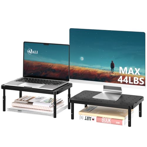 WALI Monitor Riser for Desk, 3 Height Adjustable Laptop Riser with Airflow Vents, Desk Organizer for Computer/Printer/Notebook, 2-Pack for Dual Monitor Setup, Black (PTT001‑2) - color: Black, size: 14.6"L * 9.3"W