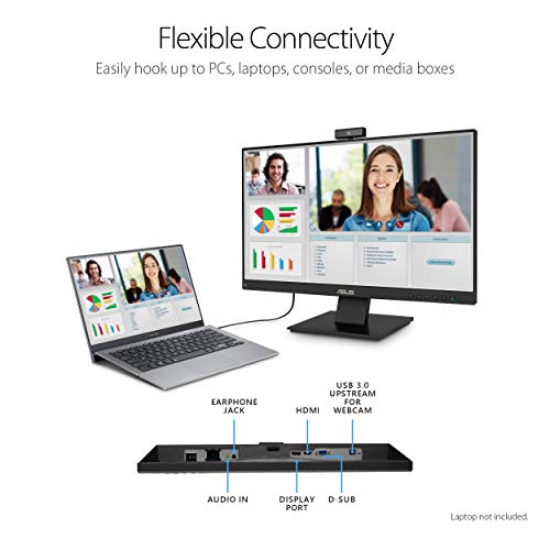 ASUS BE24EQK 24” Business Monitor with 1080P Full HD IPS, Eye Care, DisplayPort HDMI, Frameless, Built-in Adjustable 2MP Webcam, Mic Array, Stereo Speaker, Video Conference,Black - style: 24" Webcam