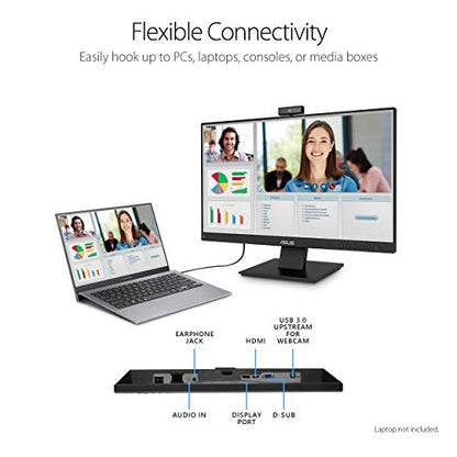 ASUS BE24EQK 24” Business Monitor with 1080P Full HD IPS, Eye Care, DisplayPort HDMI, Frameless, Built-in Adjustable 2MP Webcam, Mic Array, Stereo Speaker, Video Conference,Black - style: 24" Webcam
