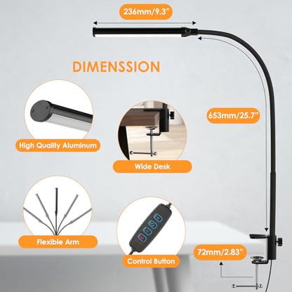 ShineTech LED Desk Lamp with Clamp, Eye-Caring Clip on Desk Light with 3 Color Modes & Stepless Dimming, 360° Flexible Gooseneck Desk Lamp for Home Office College Dorm with USB Adapter - color: 3CCT in One (3000K/4000K/6000K)
