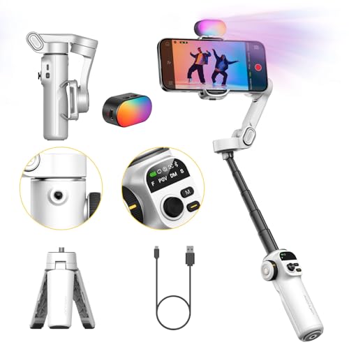 AOCHUAN Gimbal Stabilizer for iPhone w/RGB Magnetic Fill Light, Foldable Gimbal w/7.8' Extension Rod & OLED Display for Vlogging & Filmmaking, Compatible with iPhone 16/15 Pro Max-Smart X2 Kit White - color: White, size: Kit
