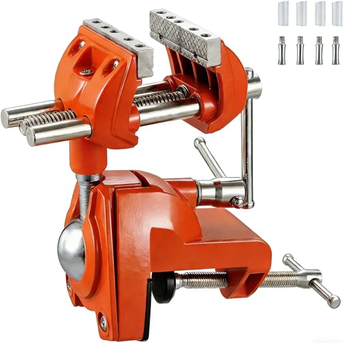 Clamp Bench Vise with Post Universal,360° Swiveling Articulating Vise,Table Clamp Vise with Swivel Base,Bench Vice for Woodworking,DIY,Drilling,Sawing Working(Orange)