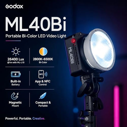Godox ML40Bi Bi-Color LED Video Light, Portable COB Photography Light with Built-in Battery, 2800K-6500K, 28,000 Lux with ML-L10 Reflector, CRI/TLCI 96, 11 FX Effects, USB-C Charging, App/NFC Control