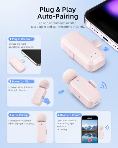 mini 2 Wireless Lavalier Microphones for iPhone 16/17 & Android, AI Noise Cancellation, App Control, 30H Battery with Charging Case, Lapel Microphone Wireless for Video Pink - color: Pink