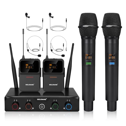 MELONARE 4-Channel Wireless Microphone System,UHF Cordless Mic Set w/ 4x10 Frequencies, 200ft, 2 Handheld Dynamic Mics, 2 Bodypacks & Headset/Lapel Microphones for Singing, Karaoke, DJ (MWM-41-2H2B) - size: 2 Handheld 2 Bodypack Mics
