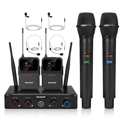 MELONARE 4-Channel Wireless Microphone System,UHF Cordless Mic Set w/ 4x10 Frequencies, 200ft, 2 Handheld Dynamic Mics, 2 Bodypacks & Headset/Lapel Microphones for Singing, Karaoke, DJ (MWM-41-2H2B) - size: 2 Handheld 2 Bodypack Mics
