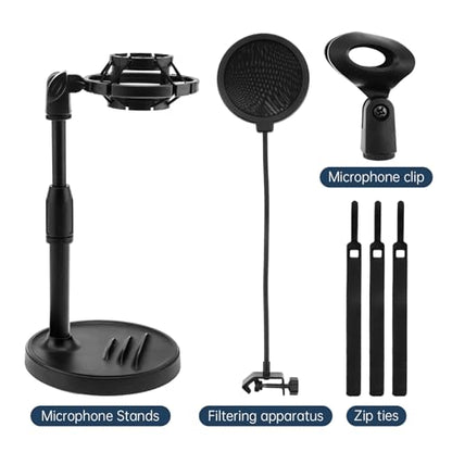 RTNLIT Desktop Mic Stand with Phone Holder, Adjustable Desk Microphone Stand with Pop Filter, Shock Mount, Mic Clip, 3/8" to 5/8" Screw Adapter for Blue Yeti Snowball Shure SM7B and Other Mics