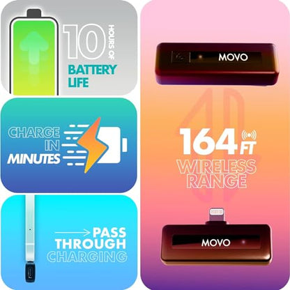 Movo Wireless Mini DI Duo Wireless Microphone - iPhone Video Recording Mic with Lavalier Mic, 10 HR Battery, 164FT Range