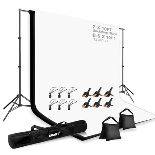 EMART 7 x 10 ft Backdrop Support System, Professional Photography Lighting Kit, 6.5 * 10ft Black/White Backdrop, Photography Backgrounds System for Studio, Portrait and Video Shooting - color: 6.5x10ft Backdrop*2(black/white), size: 7 x 10ft System