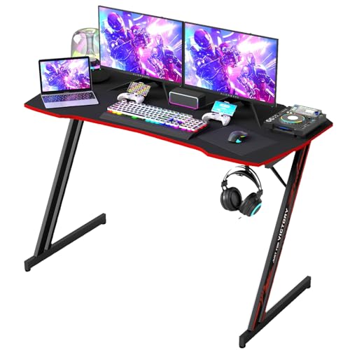 BestOffice Gaming Desk Z Shaped 47 inch PC Computer Desk Computer Workstation Ergonomic Gaming Table with Headphone Hook for Game Players, Black&Red - color: Black&red, size: 47 Inch Z Shaped