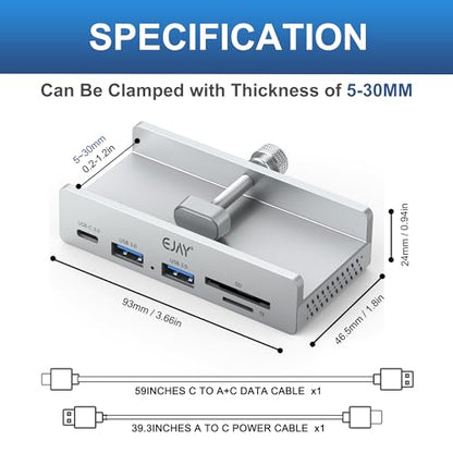 EJAY 5Ports USB3.0 HUB Alu Splitter Desktop Docking with Card Reader for Desk/Monitor Clipping with Extra Power Supply Port,59inches Data & 39inches Power Cable-5Gbps(Silver) - size: with SD Card Reader