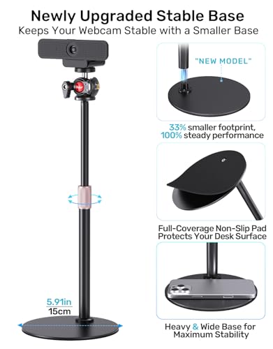 Webcam Tripod Stand for Desk, Newly Upgraded Small Base & 360° Ballhead & Height Adjustable, Ideal for Logitech Webcam C922 C930e C920 C615 C960 BRIO 4K NexiGo N60, Phone Holder with 1/4" Thread - size: 9.2–15.5"H (5.91" dia base)