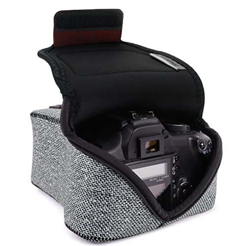 USA Gear Camera Sleeve (Medium) for Compact SLRs Compatible with Canon EOS R100 Nikon Z30 Sony ZV-E10, and more - Padded Neoprene DSLR Case with Zipper Accessory Pocket & Belt Loop (Gray Woven) - color: Gray Woven, size: Compact SLR